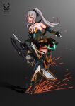  1girl bare_shoulders black_dress chainsword dated dress grey_eyes grey_hair highres huge_weapon long_hair mechanical_arms mechanical_legs nanami:_pulse_(punishing:_gray_raven) nanami_(punishing:_gray_raven) open_mouth ponytail punishing:_gray_raven shadow_cat_(u9nej2qzq9vzxcf) sidelocks skates solo teeth upper_teeth_only very_long_hair weapon 