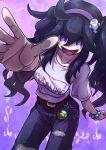  1girl :d @_@ ahoge alternate_costume alternate_hairstyle belt blue_pants cowboy_shot dusk_ball ghost_hair_ornament hair_between_eyes hairband hex_maniac_(pokemon) highres kotobukkii_(yt_lvlv) long_hair looking_at_viewer open_mouth outstretched_hand pants poke_ball pokemon pokemon_(game) pokemon_xy purple_eyes purple_hair purple_hairband shirt smile twintails very_long_hair 