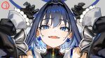  1girl blue_eyes blue_hair breasts chain_headband earrings hair_intakes hololive hololive_english jewelry long_hair looking_at_viewer mixed-language_commentary open_mouth ouro_kronii ribbon_earrings short_hair smile solo virtual_youtuber wada_arco 