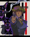  absurdres artist_name cowboy_bebop doberman dog green_hair gun headphones highres holding holding_gun holding_weapon lostbluejayart messy_hair shirt smile spike_spiegel spiked_hair weapon white_shirt 