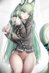  1girl :p absurdres animal_ear_fluff animal_ears arknights bottomless breasts breasts_out cardigan cat_ears cat_tail commentary_request cowboy_shot green_eyes green_hair grey_cardigan harmonie_(arknights) highres infection_monitor_(arknights) large_breasts long_hair long_sleeves looking_at_viewer nopetroto pussy solo tail thighs tongue tongue_out uncensored very_long_hair 