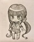  1girl bow bowtie breast_pocket bush chibi danganronpa_(series) danganronpa_v3:_killing_harmony full_body hair_ornament hair_scrunchie hairclip harukawa_maki highres kirin_(suzoke_1) long_sleeves low_twintails miniskirt mole mole_under_eye monochrome pleated_skirt pocket sailor_collar scrunchie shirt shoes skirt solo standing thighhighs twintails wavy_mouth zettai_ryouiki 