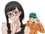  1boy 1girl artist_name bare_shoulders baron_(varon666) baseball_cap bespectacled black-framed_eyewear black_hair brown_hair clothes_writing en&#039;en_no_shouboutai glasses green_headwear hair_behind_ear hand_on_own_chin hand_up hat highres jacket light_blush looking_at_viewer maki_oze opaque_glasses orange_jacket parted_lips purple_eyes rectangular_eyewear round_eyewear simple_background smile sparkle takehisa_hinawa tank_top translated upper_body white_background 