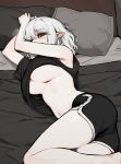  1girl armpit_peek ass bed_sheet black_shorts blush breasts cleavage clothes_lift commentary dolphin_shorts gogalking grey_hair highres looking_at_viewer lying navel on_bed on_side original pillow pointy_ears red_eyes shirt shirt_lift short_hair short_shorts shorts single_bare_arm solo stomach underboob vampire vampire&#039;s_sister_(gogalking) white_shirt 