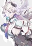  1girl absurdres ahoge atelier_(series) atelier_resleriana belt blue_coat blue_eyes braid breasts broken_horn chain clothing_cutout coat demon_horns grey_background hair_between_eyes highres horns long_sleeves looking_at_viewer looking_to_the_side maimuro multicolored_hair multiple_belts open_mouth promotional_art purple_hair sideboob simple_background single_braid solo sparkle two-tone_hair upper_body valeria_(atelier) white_hair 