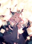  1girl arms_at_sides bare_shoulders black_dress blue_eyes blush crying crying_with_eyes_open dress floating_hair lantern light_particles long_hair looking_at_viewer mairieux_(vocaloid) no.734 paper_lantern pink_hair sad solo standing tears 