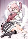  2girls amashoku39 angel angel_wings bed black_socks blush breasts brown_eyes brown_hair closed_mouth drill_hair gothic_lolita hair_ribbon halo hanazono_yurine highres hug indoors jashin-chan_dropkick large_breasts lolita_fashion long_hair multiple_girls on_bed pink_eyes pink_hair pino_(jashin-chan_dropkick) ribbon smile socks tears twin_drills wings yuri 