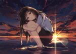  1girl arttsam blue_sky brown_eyes brown_hair cloud gradient_sky highres hugging_own_legs long_hair looking_at_viewer original outdoors parted_lips pleated_skirt scenery shirt shirt_tucked_in skirt sky soaking_feet solo squatting star_(sky) starry_sky sun sunset water white_shirt 