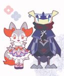  1boy 1girl :3 alternate_color alternate_shiny_pokemon animal_ear_fluff animal_ears animal_nose arms_at_sides black_pants black_shirt blue_cape blue_capelet blue_eyes blue_flower blue_skin blush body_fur bow bowtie braixen cape capelet chibi colored_skin commentary_request covered_mouth dress earrings fins flower flower_earrings fox_ears fox_girl fox_tail frog_boy full_body furry furry_female furry_male greninja grey_footwear grey_fur half-closed_eyes happy head_fins jewelry juliet_sleeves kiki_(431642) light_blush long_sleeves looking_at_viewer lowres multicolored_clothes multicolored_dress multicolored_skin muneate ninja open_mouth pants partial_commentary pokemon pokemon_(creature) puffy_pants puffy_sleeves purple_footwear red_bow red_bowtie red_eyes red_flower red_scarf sandals scarf shirt short_dress single_earring smile standing straight-on tail thighhighs two-tone_fur two-tone_skin two-tone_thighhighs white_background white_fur white_scarf white_thighhighs yellow_skin 