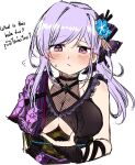  1girl absurdres asano_ruri asano_sisters_project black_choker blush breasts choker cleavage closed_mouth english_text flower frown highres large_breasts long_hair ponytail purple_eyes purple_hair sesield simple_background solo sweat upper_body virtual_youtuber white_background 