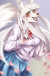  anthro asian_clothing breasts canid canine clothed clothing digital_media_(artwork) east_asian_clothing female fox fur hair hi_res japanese_clothing japanese_school_uniform kemono looking_at_viewer mammal markings open_mouth purplelemons red_eyes school_uniform smile solo tamamo-chan&#039;s_a_fox tamamo_fushimi topwear uniform white_body white_fur 