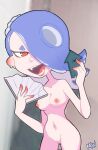  2022 4_fingers animal_humanoid breasts cephalopod cephalopod_humanoid ear_piercing fangs female fingers genitals hi_res holding_object humanoid innie_pussy looking_at_viewer mallows.exe marine marine_humanoid mollusk mollusk_humanoid narrowed_eyes nintendo nipples nude octarian octoling one_eye_obstructed open_mouth piercing pink_nipples pussy red_eyes shiver_(splatoon) small_breasts solo splatoon standing teeth watermark 