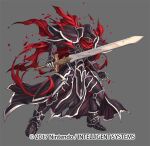 1boy armor black_footwear black_knight_(fire_emblem) cape company_name dated fire_emblem fire_emblem_heroes full_body gauntlets grey_background helmet holding holding_sword holding_weapon izuka_daisuke official_art red_cape simple_background standing sword weapon 