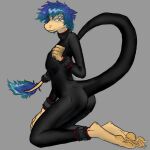  absurd_res ambiguous_gender ankle_cuffs anthro blue_hair clothing cuff_(restraint) hair hi_res hindpaw kneeling multi_eye pawpads paws restraints rubber rubber_clothing rubber_suit smile snout solo tail tail_tuft thecore34 tuft unknown_species wrist_cuffs yellow_body 