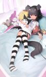  1girl absurdres animal_ears black_hair choker closed_mouth fake_animal_ears highres holding holding_stuffed_toy long_hair on_bed original preamy_kyuushi rabbit_ears red_eyes shirt solo striped striped_thighhighs stuffed_animal stuffed_toy t-shirt tail thighhighs 