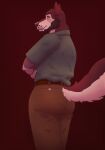  anthro beard butt canid canine canis clothing dark_sclera demon dress_pants facial_hair halmasti hi_res male mammal olive_(olivepup_00) olivepup_00 raised_tail red_wolf shirt solo stubble tail topwear wide_hips wolf 