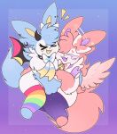  ambiguous_gender anthro bell bell_collar blue_body blue_fur clothing collar curled_hair duo eeveelution embrace feathered_wings feathers fluffy fluffy_(luvbunny) fluffy_tail fur generation_6_pokemon hair halo hi_res horn hug laugh legwear luvbunny membrane_(anatomy) membranous_wings nintendo piercing pink_body pink_fur pokemon pokemon_(species) purple_mouth quiz_(luvbunny) short_hair spiked_collar spikes sylveon tail thick_thighs thigh_highs wings yellow_mouth 