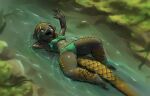  2023 5_fingers anthro bikini biped black-bellied_pangolin black_body black_claws black_fur breasts claws clothing detailed_background digital_drawing_(artwork) digital_media_(artwork) feet female finger_claws fingers fur gesture green_eyes happy hi_res long_tail looking_at_viewer lying mammal napalm_express on_back open_mouth open_smile orange_body orange_scales orange_tail pangolin pink_tongue prezella scales scaly_tail small_breasts smile solo swimming swimwear tail thick_tail thick_thighs toe_claws toes tongue under_boob water waving 