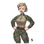  absurdres artist_logo belt blonde_hair blush breasts camouflage camouflage_jacket camouflage_pants closed_eyes cowboy_shot cropped_legs english_commentary hands_on_own_hips highres jacket kaisa_taivaljarvi large_breasts military_uniform open_mouth original ostwindprojekt pants seno_lepo shirt_tucked_in short_hair simple_background uniform white_background 