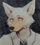  anthro beastars black_background canid canine canis clothing hatching_(art) headshot_portrait hi_res legoshi_(beastars) looking_away male mammal portrait rainbowfairy18 shaded shirt shirt_collar simple_background solo topwear traditional_media_(artwork) wolf 