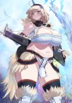  aa-12_(girls&#039;_frontline) absurdres ahoge bags_under_eyes blonde_hair blue_eyes blunt_bangs breasts commission curvy fat highres kirin_(armor) large_breasts monster_hunter_(series) navel pixiv_commission plump shio05_(05_sio) skindentation solo 