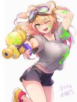  1girl absurdres black_shorts blonde_hair blush breasts cheese_(cheese_koubou) double_bun fang goggles goggles_on_head green_eyes grey_shirt hair_bun highres holding hololive ink large_breasts long_hair looking_at_viewer momosuzu_nene one_eye_closed open_mouth pink_hair shirt shoes short_shorts short_sleeves shorts signature simple_background solo splatoon_(series) splattershot_(splatoon) two_side_up virtual_youtuber water_gun 
