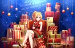  1girl bare_legs blonde_hair blush breasts chair christmas_ornaments christmas_present closed_mouth crossed_legs dress english_text flower foot_out_of_frame frilled_dress frills game_cg gift gloves gold_footwear gold_trim hair_ornament hand_up high_heels idolmaster idolmaster_cinderella_girls idolmaster_cinderella_girls_starlight_stage indoors kiryu_tsukasa_(idolmaster) lace_trim legs lens_flare long_hair looking_at_viewer mannequin official_art parted_bangs ponytail purple_eyes red_dress red_gloves red_ribbon ribbon short_dress sitting small_breasts smile solo sparkle strapless strapless_dress thighs 