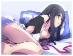  1girl bare_shoulders barefoot black_hair black_shirt casual closed_mouth collarbone commentary_request dated highres inoue_takina legs long_hair lycoris_recoil lying nii_manabu on_side pillow purple_eyes shirt shorts signature solo thighs white_shorts 