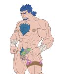  1boy absurdres bandaid bandaids_on_nipples bara blue_hair blush bucchigiri clenched_hands completely_nude condom condom_on_penis excessive_pubic_hair facial_hair facing_ahead feet_out_of_frame flat_color forked_eyebrows goatee highres kenchiro_(bucchigiri) large_pectorals low_ponytail male_focus male_pubic_hair mature_male minatsumi muscular muscular_male navel nude pasties pectorals penis pubic_hair shaded_face short_hair short_ponytail solo spiked_hair standing thick_chest_hair thick_eyebrows thighs trembling twitching_penis vibrator_in_thigh_strap 