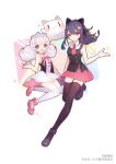 2girls :d animal_ears anklet bare_arms bare_shoulders bcy black_footwear black_hair black_shirt black_thighhighs cat_ears cat_hair_ornament closed_mouth dress fake_animal_ears fangs gloves hair_ornament hand_up highres huhu jewelry jumping leg_up legs_up long_hair looking_at_viewer low_twintails miao_jiujiu miniskirt multiple_girls neck_ribbon necktie official_art pink_footwear pink_necktie pink_ribbon pink_skirt pleated_skirt red_eyes ribbon ruan_miemie shirt skirt sleeveless sleeveless_dress sleeveless_shirt smile thighhighs transparent_background twintails white_dress white_gloves white_hair white_thighhighs zettai_ryouiki 