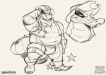  agares_(kings_of_hell) anthro avengedog belly boots bulge clothing cowboy_hat crocodile crocodilian crocodylid footwear hat headgear headwear hi_res kings_of_hell male overweight reptile scalie sheriff_badge sketch solo spurs thong underwear 