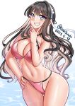  1girl absurdres bikini black_hair blush breasts cowboy_shot dated day hair_ribbon hairband hand_on_own_hip highres kantai_collection katou_shinobu large_breasts long_hair looking_at_viewer multicolored_hair naganami_(kancolle) naganami_kai_ni_(kancolle) ocean pink_bikini pink_hair ribbon smile solo swimsuit twitter_username two-tone_hair water wavy_hair yellow_eyes 