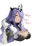  1girl breasts camilla_(fire_emblem) cleavage commission english_commentary eyelashes fire_emblem fire_emblem_fates fur_trim hair_over_one_eye highres large_breasts light_smile long_hair looking_at_viewer loose_hair_strand misokatsuhaumai parted_bangs purple_eyes purple_hair solo thank_you tiara upper_body white_background 
