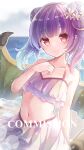 1girl alternate_costume bikini blurry blurry_background blush closed_mouth collarbone commission depth_of_field double_bun dragon_wings fire_emblem fire_emblem:_the_sacred_stones green_wings hair_bun hand_up highres horizon looking_at_viewer myrrh_(fire_emblem) navel ocean purple_hair red_eyes skeb_commission smile solo swimsuit twintails water watermark white_bikini wings yonema 