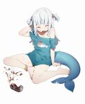  1girl absurdres bare_legs barefoot bloop_(gawr_gura) blue_hair blue_shirt can closed_eyes fins fish_tail gawr_gura hair_ornament highres hololive hololive_english legs long_hair multicolored_hair open_mouth pepsi shark_girl shark_tail sharp_teeth shirt sitting solo t-shirt tail teeth toes two-tone_hair two_side_up upper_teeth_only virtual_youtuber waterkuma white_hair 