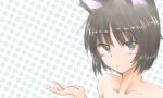  1girl :&lt; amagami animal_ears bare_shoulders blue_background blush bob_cut brown_eyes brown_hair cat_ears close-up collarbone commentary completely_nude hand_up kemonomimi_mode looking_at_viewer magari1222 nude parted_lips polka_dot polka_dot_background portrait raised_eyebrows short_hair sketch solo tachibana_miya white_background 