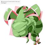  2022 absurd_res anthro belly blush dragon eyebrows female feral flygon generation_3_pokemon green_body hi_res looking_at_viewer nintendo open_mouth overweight pokemon pokemon_(species) raised_inner_eyebrows red_eyes reptile scalie simple_background soft_belly solo veryfilthything wings 