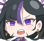  1girl black_hair earrings goddess_of_victory:_nikke hair_ribbon jewelry medium_hair mikkotine mole mole_under_eye multicolored_hair open_mouth purple_eyes purple_hair purple_ribbon ribbon solo streaked_hair syuen_(nikke) transparent_background triangle_earrings upper_body white_hair 