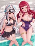 2girls ;d bikini bikini_skirt black_bikini black_hair breasts choker cleavage commentary_request fire_emblem grin hand_on_own_chest haru_(nakajou-28) highres large_breasts long_hair looking_at_viewer medium_breasts multicolored_hair multiple_girls navel official_alternate_eye_color one-piece_swimsuit one_eye_closed open_mouth purple_choker purple_one-piece_swimsuit red_eyes red_hair smile soaking_feet stomach streaked_hair swimsuit thighlet thighs very_long_hair veyle_(fire_emblem) white_hair yunaka_(fire_emblem) 