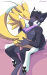  absurd_res ando bandai_namco bed black_body black_fur blush butt butt_grab canid canine digimon digimon_(species) embrace female fur furniture hand_on_butt hi_res hug kissing male male/female mammal renamon sex white_body white_fur yellow_body yellow_fur 