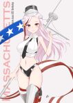  1girl american_flag black_necktie black_panties breasts character_name cowboy_shot flagpole highres holding holding_pole kantai_collection large_breasts long_hair looking_at_viewer massachusetts_(kancolle) multicolored_hair navel necktie neve_(morris-minicooper) panties pink_hair pole red_eyes red_hair shirt sleeveless sleeveless_shirt solo star_(symbol) streaked_hair underwear white_shirt 