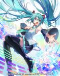  1girl alice_fiction aqua_eyes aqua_hair aqua_nails aqua_necktie black_skirt black_sleeves boots detached_sleeves floating_hair hair_between_eyes hair_ornament hatsune_miku kyusoukyu long_hair miniskirt necktie official_art open_hand open_mouth outstretched_hand skirt thigh_boots twintails very_long_hair vocaloid 