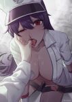  1girl 1other bambietta_basterbine bleach blood bottomless breasts chilakkk cleavage drooling gloves half-closed_eye hat highres long_hair looking_at_viewer military_hat navel nosebleed pov purple_hair red_eyes sitting very_long_hair white_gloves 