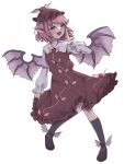  1girl animal_ears bird_ears bird_wings black_footwear black_socks blush brown_dress brown_headwear dress frilled_dress frilled_sleeves frills full_body grey_wings hat highres kneehighs long_sleeves mystia_lorelei open_mouth pink_eyes pink_hair shoes short_hair simple_background sleeve_garter smile socks solo touhou white_background winged_footwear winged_hat wings yozakura223 