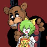  1boy 1girl absurdres blue_vest chair closed_eyes colored_skin cookie_(touhou) daiyousei diyusi_(cookie) five_nights_at_freddy&#039;s food freddy_fazbear great_gonzales green_hair hat highres holding holding_food holding_pizza mini_hat mini_top_hat necktie open_mouth pizza robot sitting sweat teeth top_hat touhou vest white_skin yellow_necktie 