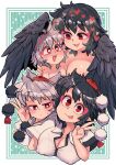  2girls areola_slip black_hair blush breasts carte cleavage covered_nipples half-closed_eyes hat heart heart-shaped_pupils highres inubashiri_momiji large_breasts looking_at_another looking_at_breasts looking_at_viewer multiple_girls open_mouth puffy_nipples red_eyes red_headwear shameimaru_aya smile symbol-shaped_pupils teeth tokin_hat tongue tongue_out touhou upper_teeth_only v white_hair 