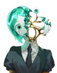  1other androgynous aqua_eyes aqua_hair black_shirt breaking broken collared_shirt colored_eyelashes colored_skin cracked_skin crying crying_with_eyes_open crystal_hair decapitation disembodied_head eyeball gem_uniform_(houseki_no_kuni) glowing glowing_hair gold golden_arms head_tilt high_collar highres houseki_no_kuni leaking liquid molten_metal necktie niku_0000 other_focus parted_bangs phosphophyllite phosphophyllite_(gemstone) puffy_short_sleeves puffy_sleeves severed_head shirt short_hair short_sleeves solo tears upper_body white_skin wing_collar 
