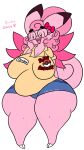  accessory anthro big_breasts bottomwear breasts clefable clothing dipstick_ears english_text eyewear female generation_1_pokemon glasses hair hair_accessory hair_ribbon hi_res huge_breasts huge_hips huge_thighs lewdchuu_(artist) multicolored_ears name_tag nintendo open_mouth overweight overweight_anthro overweight_female pink_body pink_eyes pink_hair pokemon pokemon_(species) ribbons shirt shorts solo text thick_thighs topwear wide_hips 