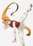  1girl animal_ears bare_shoulders black_footwear bracelet brown_hair circlet commentary cowboy_shot flats golden_snub-nosed_monkey_(kemono_friends) grey_background hair_between_eyes high_kick highres jewelry kemono_friends kemono_friends_3 kicking long_hair monkey_ears monkey_girl monkey_tail multicolored_hair necklace official_alternate_costume orange_hair pants ponytail red_sweater sidelocks simple_background sleeveless solo standing standing_on_one_leg striped striped_footwear sweater tail tanabe_(fueisei) two-tone_footwear white_footwear white_pants 