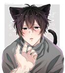  2boys absurdres animal_ears black_eyes black_tail blush border cat_boy cat_ears cat_tail floral_background given gorogoro_(sfx) grey_background grey_sweater hand_on_another&#039;s_arm highres male_focus motion_lines multiple_boys murata_ugetsu open_mouth out_of_frame pinoli_(pinoli66) short_hair sound_effects sweater tail white_border 